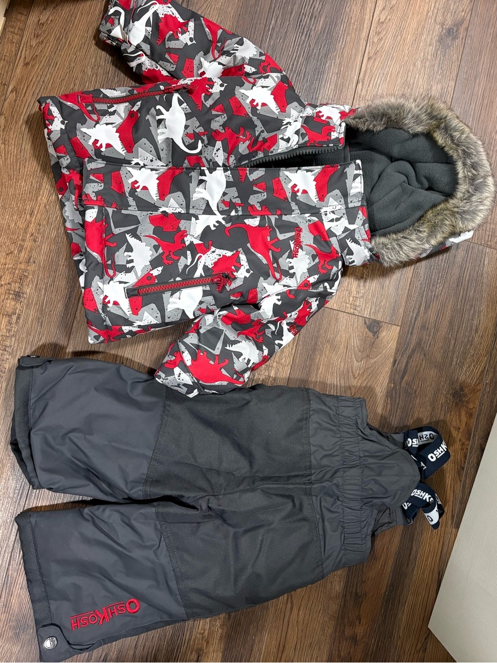 Kids Red & Gray Dino Winter Jacket with Gray Snow Pants